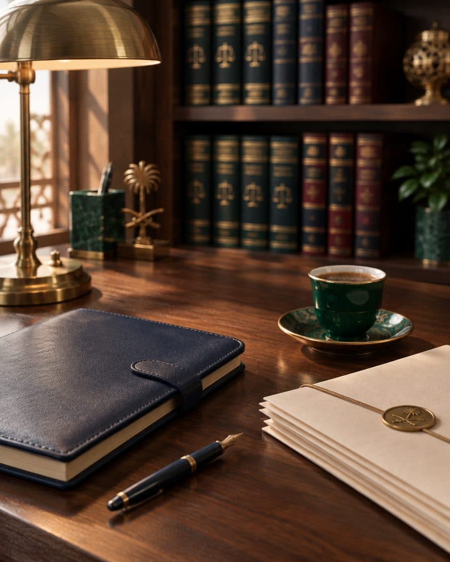 مكتب محامٍ: دفتر جلدي وقلم ومستندات مختومة