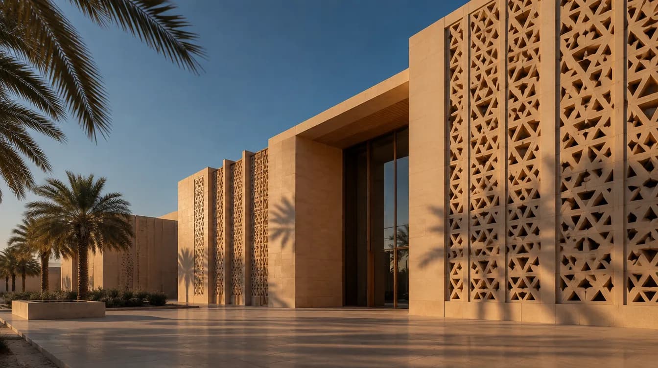 واجهة مبنى بمشربيات حجرية ونخيل